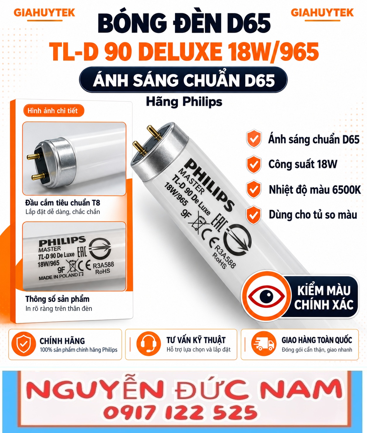 Bóng đèn D65 Philips TL-D 90 De Luxe 18W/965 cho tủ so màu